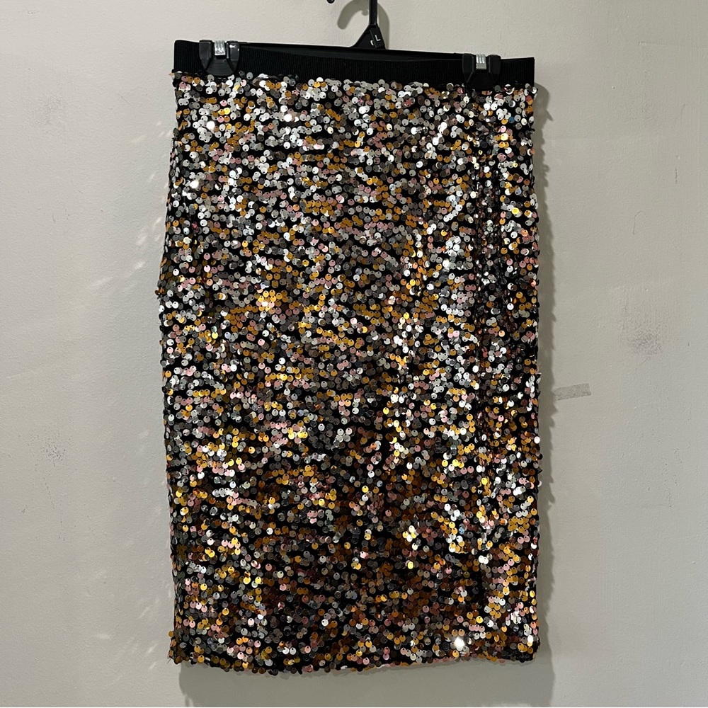 Women's Skirt Small Pencil Golden Sequin Embellished Waistband Party Gold Black - Picture 2 of 6